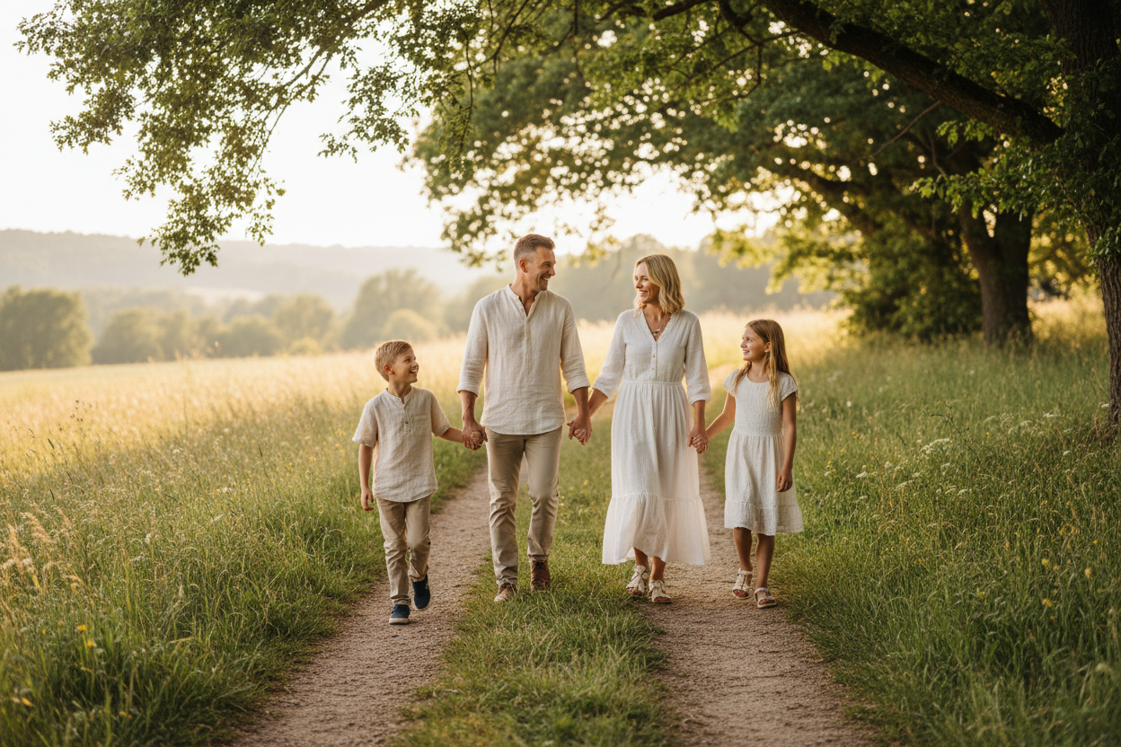 A lifestyle image featuring a sexy couple with kids, aged 35–50 in motion, but not intense. Examples:

Walking outdoors in the morning light

Playing casually with a child

Stretching lightly near a window

Sitting peacefully with a relaxed smile

Body language:
Open posture, relaxed shoulders, light movement.