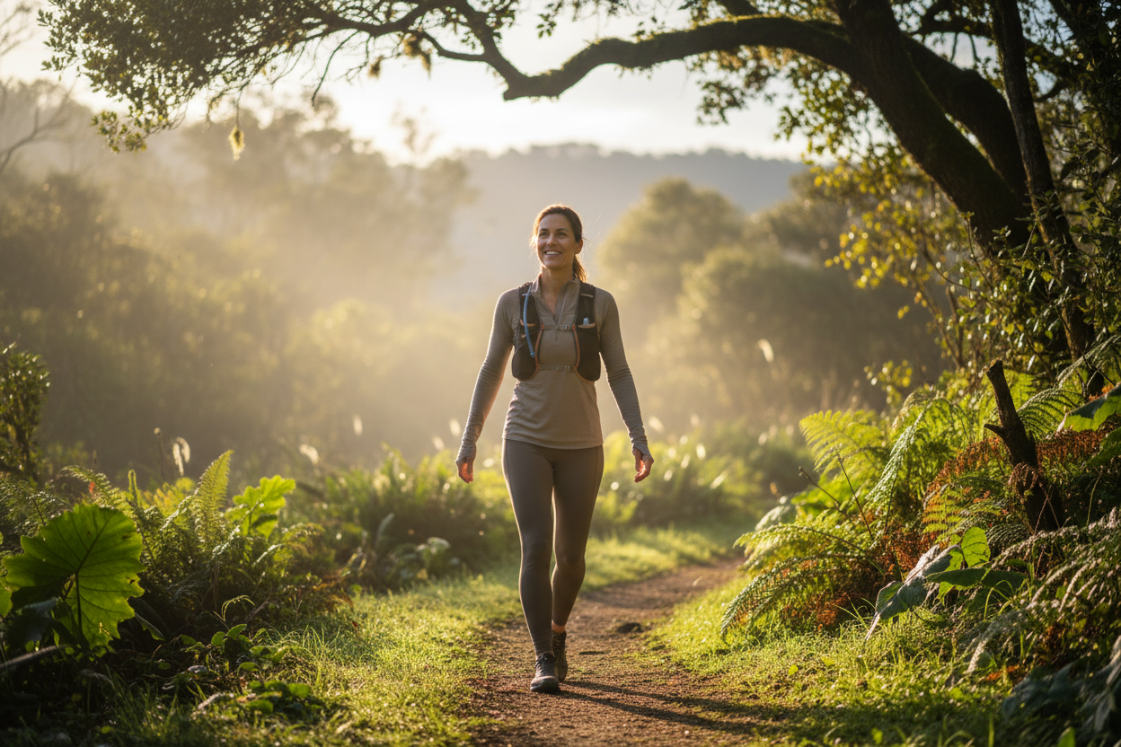 A lifestyle image featuring an attractive, fit, young looking, parent aged 35–50 in motion, but not intense. Examples:

Walking outdoors in the morning light

Playing casually with a child

Stretching lightly near a window

Sitting peacefully with a relaxed smile

Body language:
Open posture, relaxed shoulders, light movement.

Environment:
Outdoor greenery, sunlit patio, or bright interior with plants.