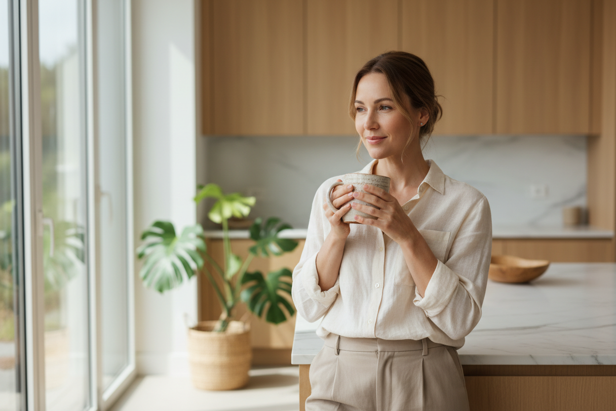 A natural, lifestyle-style photo of an attractive woman or man in their late 30s to early 40s, casually dressed (neutral tones), standing in a bright, modern home environment (kitchen or living room). The person looks relaxed, confident, and lighter, not posed or flexing.

They may be:

Gently smiling at their reflection

Buttoning jeans comfortably

Holding a cup of coffee or tea

Standing upright with relaxed posture

Body type:
Healthy, realistic, visibly slimmer than “before” but not ultra-lean.