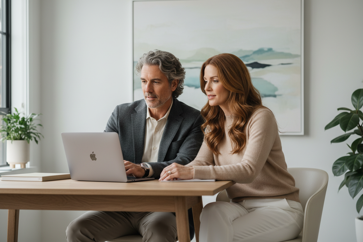 A polished but approachable image showing an attractive man and woman aged 40–55, well-groomed, luscious hair, confident, and grounded. They are either:

Sitting comfortably at a desk with a laptop

Standing with relaxed shoulders

Looking calm, focused, and present

Subtle cues of professionalism and health:

Clean, neutral wardrobe (no lab coats)

Minimalist background (home office, modern interior)

Strong but natural posture